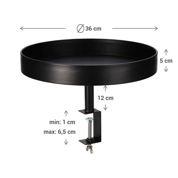 Clamp table round black Ø36cm – Flexible clamp-on side table for balcony & table – Metal, weather-resistant, for tabletops up to 6.5cm thick
