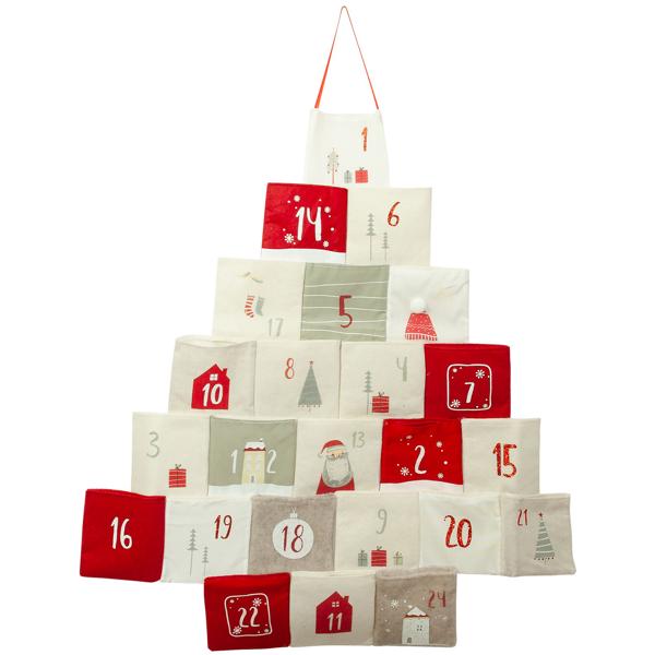 Calendrier de l’Avent avec 24 sachets en tissu à remplir – calendrier de Noël DIY en forme de sapin – 62x67 cm rouge/blanc réutilisable