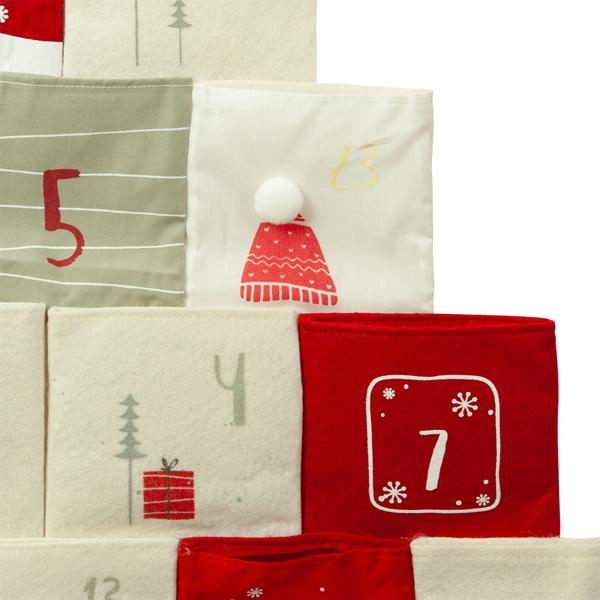 Calendrier de l’Avent avec 24 sachets en tissu à remplir – calendrier de Noël DIY en forme de sapin – 62x67 cm rouge/blanc réutilisable