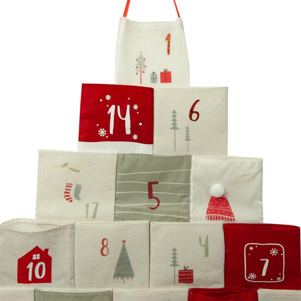 Calendrier de l’Avent avec 24 sachets en tissu à remplir – calendrier de Noël DIY en forme de sapin – 62x67 cm rouge/blanc réutilisable