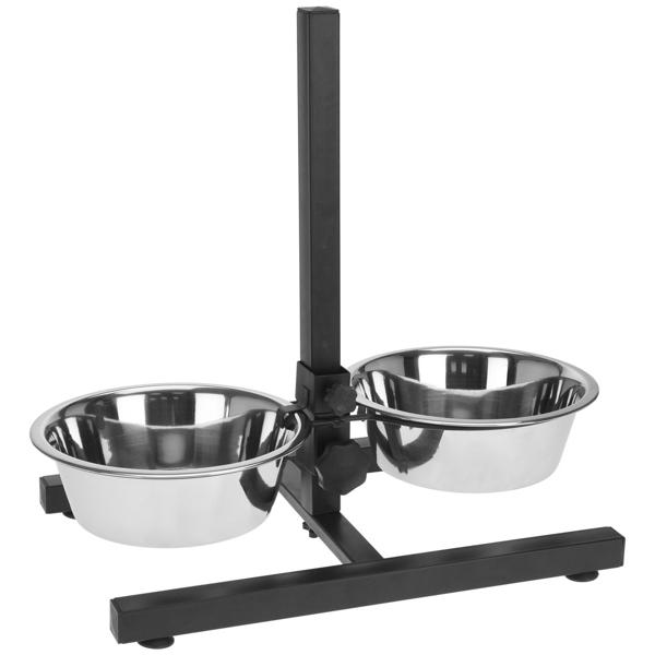 Height-adjustable feeding bowl – bowl stand with 2 x 1.8 l stainless steel bowls for cats & dogs – ergonomic – silver/black – height-adjustable from 8–42 cm