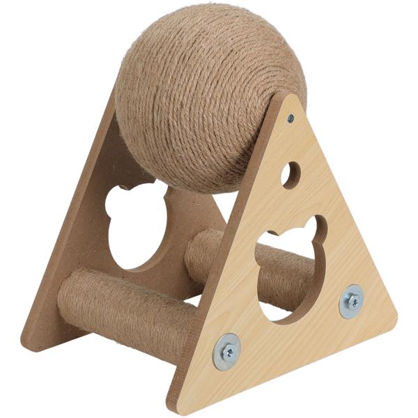 Cat scratching ball on wooden stand, scratching sphere, 26 x 19 x 29 cm