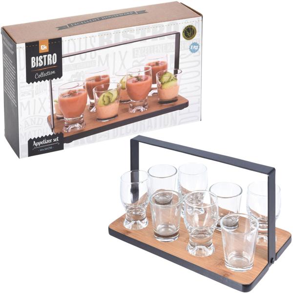 Vorspeisen Set mit 8 Serviergläsern und Bambustablett - Ideal für Desserts, Snacks & Getränke - 9-teilig, Glas, Metall - 24x14 cm - Pflegeleicht
