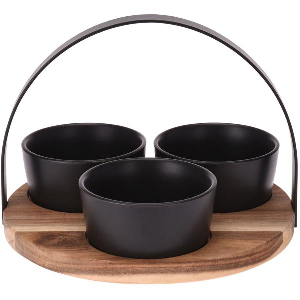 Servier-Set 3 Schalen Steingut schwarz mit Holztablett und Metallbogen - Edles Design für Nüsse Oliven Trockenfrüchte - Rustikal stilvoll Apéro servieren
