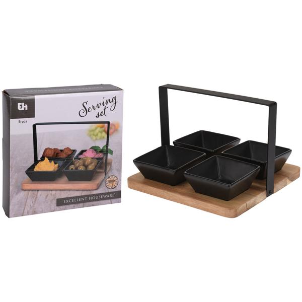 Servierset mit 4 Schüsseln und Tablett - Steingut und Akazienholz - hitzebeständig bis 200°C - spülmaschinenfest - 20x20 cm - ideal für Dips, Oliven & Saucen