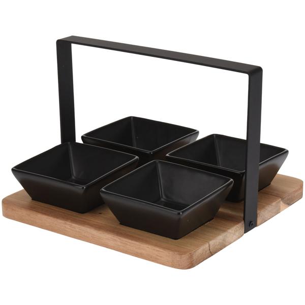 Servierset mit 4 Schüsseln und Tablett - Steingut und Akazienholz - hitzebeständig bis 200°C - spülmaschinenfest - 20x20 cm - ideal für Dips, Oliven & Saucen