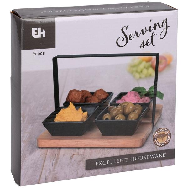 Servierset mit 4 Schüsseln und Tablett - Steingut und Akazienholz - hitzebeständig bis 200°C - spülmaschinenfest - 20x20 cm - ideal für Dips, Oliven & Saucen