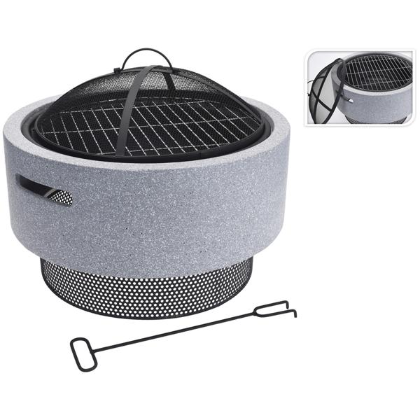 Robust fire bowl made of artificial stone and steel, fire pit with grate can be used as a barbecue, gray, black, 52 x 18.5 cm