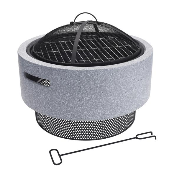 Robust fire bowl made of artificial stone and steel, fire pit with grate can be used as a barbecue, gray, black, 52 x 18.5 cm