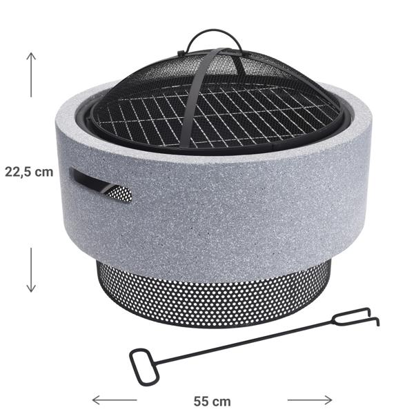 Robust fire bowl made of artificial stone and steel, fire pit with grate can be used as a barbecue, gray, black, 52 x 18.5 cm