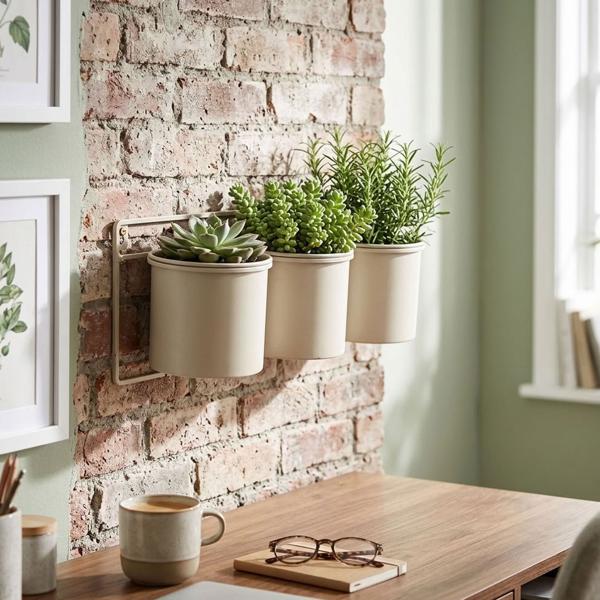 Metal flower pot holder – Wall‑mounted for 3 flower pots – Robust, weather‑resistant, beige – Space‑saving & decorative for garden, balcony, fence – 12 x 14 cm