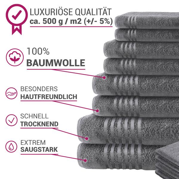 8-piece Casativo towel set, bath, shower and hand towels, anthracite + 4 free washcloths