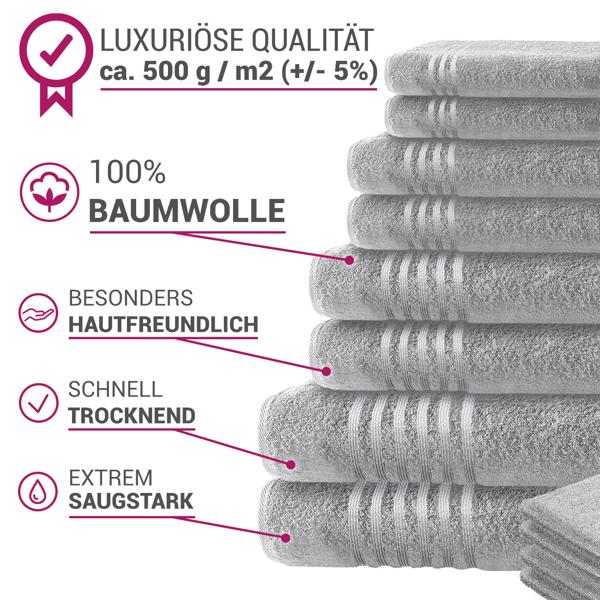 8-tlg. Handtuchset Casativo, Bade-, Dusch-, Handtücher, silber + gratis  4 Waschlappen