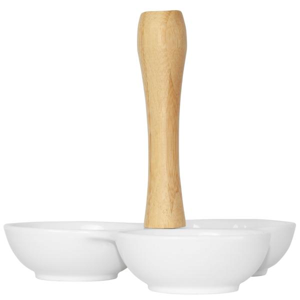 Snackschale aus Porzellan und Bambusgriff - 3 Fächer für Oliven, Chips, Nüsse & Dips - Weiss/Natur, 20x17cm - Edler Eyecatcher mit Tragegriff
