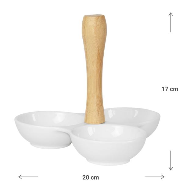 Snackschale aus Porzellan und Bambusgriff - 3 Fächer für Oliven, Chips, Nüsse & Dips - Weiss/Natur, 20x17cm - Edler Eyecatcher mit Tragegriff