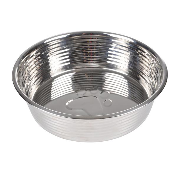 Mangeoire en acier inoxydable, gamelle avec rainures et motif de pattes, argent, Ø 17 cm