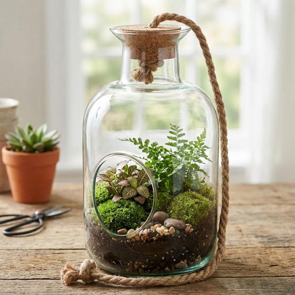 Plant terrarium with cork & rope – bottle garden for a mini garden without a green thumb – 14x25 cm glass terrarium with side opening