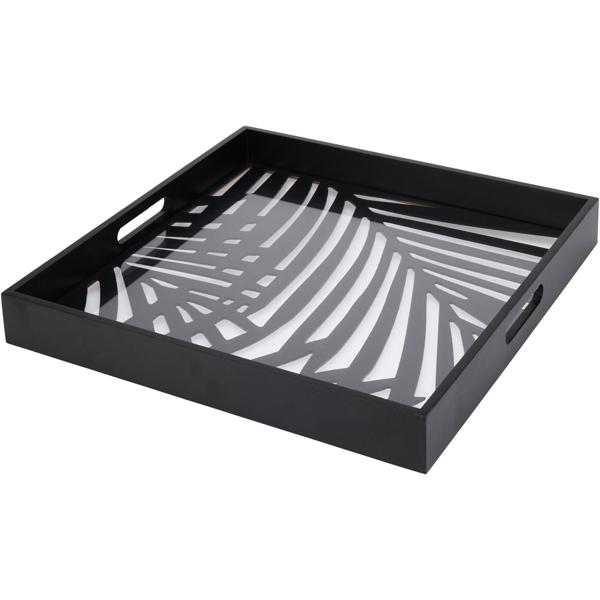 set of 2 square trays, glass & wood, black - Trendy serving trays, modern design, glass-wood combination