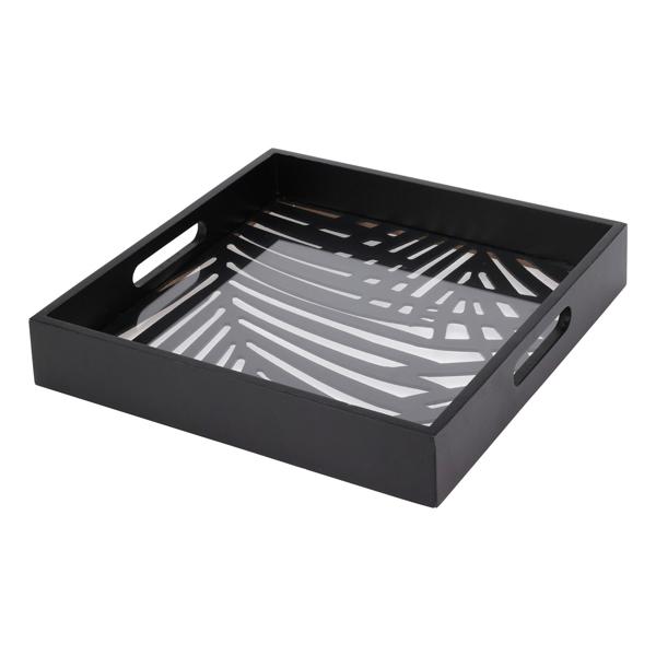 set of 2 square trays, glass & wood, black - Trendy serving trays, modern design, glass-wood combination