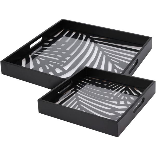 set of 2 square trays, glass & wood, black - Trendy serving trays, modern design, glass-wood combination