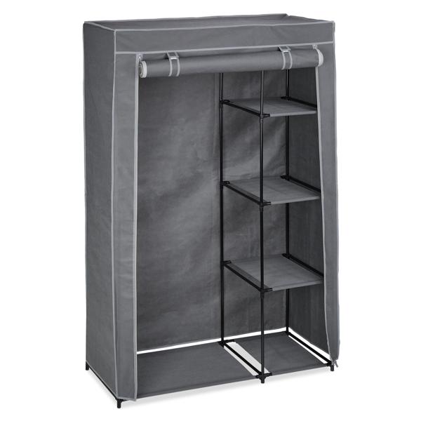 Stoffschrank aus Vlies Grau - Kleiderstange & 5 Ablageböden für Umzug/Saisonkleidung - Metallgestell - 161x105,5x45 cm - Staubdicht mit Reissverschluss