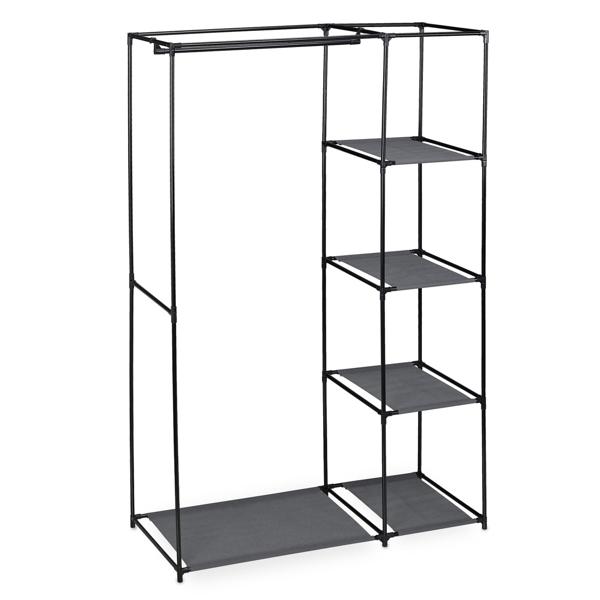 Stoffschrank aus Vlies Grau - Kleiderstange & 5 Ablageböden für Umzug/Saisonkleidung - Metallgestell - 161x105,5x45 cm - Staubdicht mit Reissverschluss