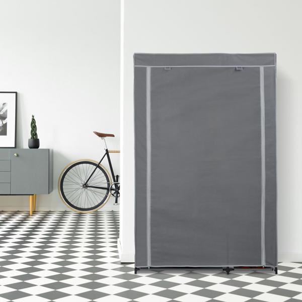 Stoffschrank aus Vlies Grau - Kleiderstange & 5 Ablageböden für Umzug/Saisonkleidung - Metallgestell - 161x105,5x45 cm - Staubdicht mit Reissverschluss