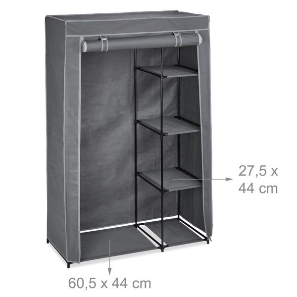 Stoffschrank aus Vlies Grau - Kleiderstange & 5 Ablageböden für Umzug/Saisonkleidung - Metallgestell - 161x105,5x45 cm - Staubdicht mit Reissverschluss