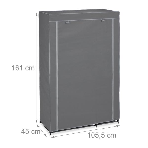 Stoffschrank aus Vlies Grau - Kleiderstange & 5 Ablageböden für Umzug/Saisonkleidung - Metallgestell - 161x105,5x45 cm - Staubdicht mit Reissverschluss