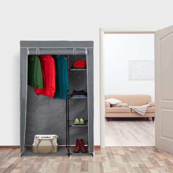 Stoffschrank aus Vlies Grau - Kleiderstange & 5 Ablageböden für Umzug/Saisonkleidung - Metallgestell - 161x105,5x45 cm - Staubdicht mit Reissverschluss