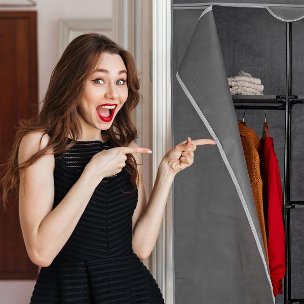 Stoffkleiderschrank Grau – Mobiler Faltschrank mit 6 Ablagefächern & Kleiderstange – 170x90x45cm – Ideal für Schlafzimmer, Camping – Robust & Platzsparend