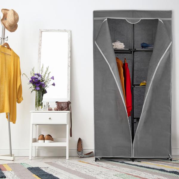 Stoffkleiderschrank Grau – Mobiler Faltschrank mit 6 Ablagefächern & Kleiderstange – 170x90x45cm – Ideal für Schlafzimmer, Camping – Robust & Platzsparend