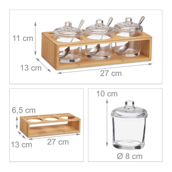 Gewürzgläser 3er-Set aus Glas und Bambus - Marmeladenbar mit Deckel, Löffel und Halterung - 11x27x13cm - Ideal für Dips, Gewürze, Honig