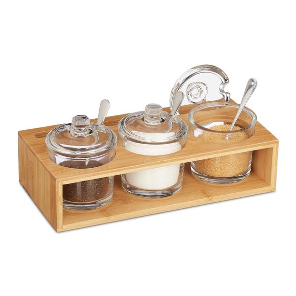 Gewürzgläser 3er-Set aus Glas und Bambus - Marmeladenbar mit Deckel, Löffel und Halterung - 11x27x13cm - Ideal für Dips, Gewürze, Honig