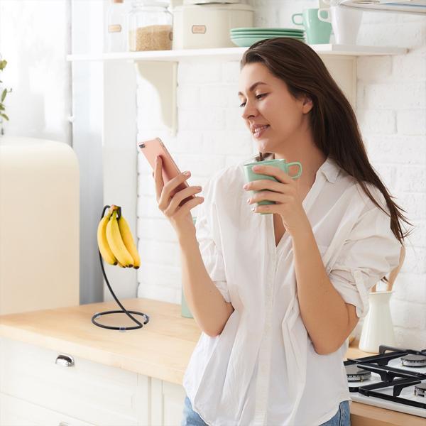Porta banane in metallo, pratico appendino per banane con gancio, nero
