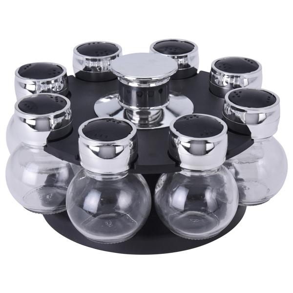 Gewürzkarussell mit 8 Gläsern – drehbarer Gewürzständer für Küche – robustes Kunststoff & Glas – schwarz-silber – 6x8.5cm Gläser mit Streuöffnung