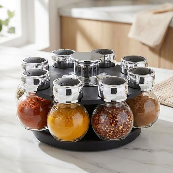 Spice carousel with 8 jars – rotating spice rack for the kitchen – robust plastic & glass – black-silver – 6x8.5 cm jars with sprinkle openings