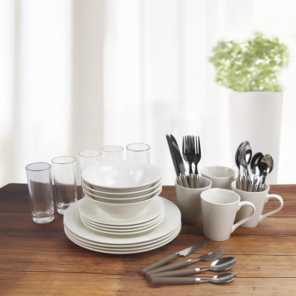 Set de vaisselle, 36 pièces, avec vaisselle en porcelaine, verres et couverts, blanc, taupe
