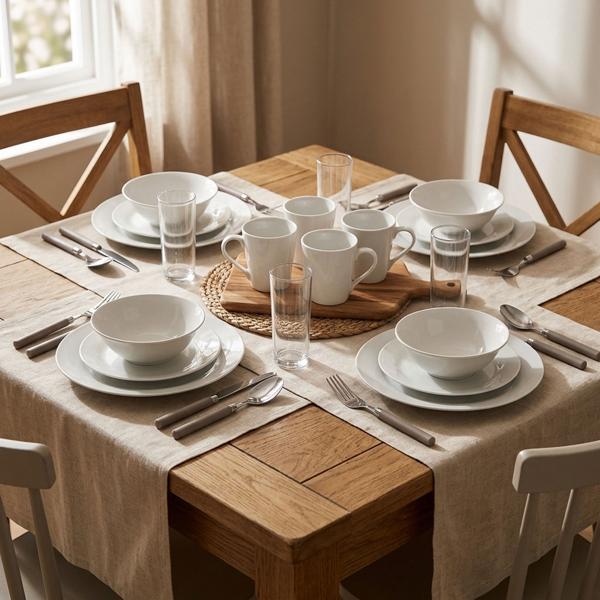 Geschirr-Set 36-tlg. - Porzellangeschirr, Gläser & Besteck - Weiss, Taupe Griffe - Hochwertiges Dinner-Set für Einladungen & Einzug