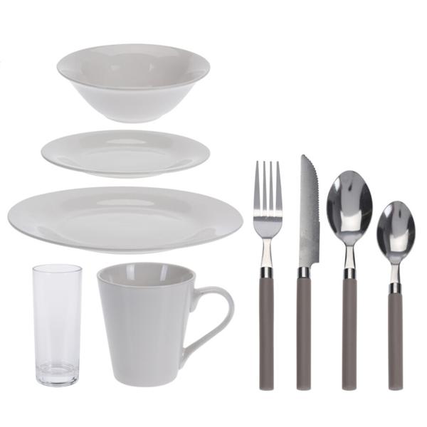 Set de vaisselle, 36 pièces, avec vaisselle en porcelaine, verres et couverts, blanc, taupe
