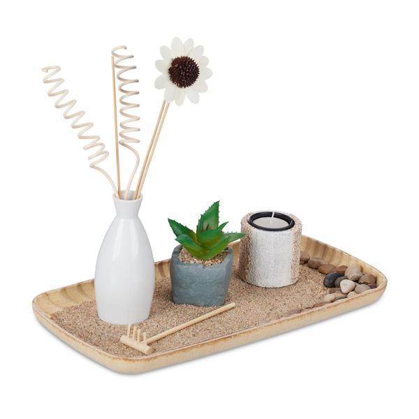 Zen Garten Entspannungsset - Dekotablett mit Teelichthalter, Duftstäbchen & Kunstpflanze - Keramik, Holz, Sand - 26x34x17,5cm