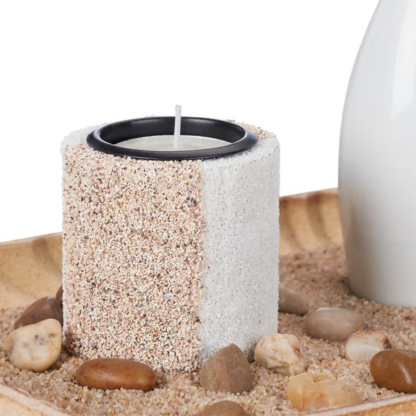 Zen Garten Entspannungsset - Dekotablett mit Teelichthalter, Duftstäbchen & Kunstpflanze - Keramik, Holz, Sand - 26x34x17,5cm