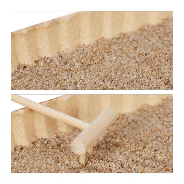 Zen Garten Entspannungsset - Dekotablett mit Teelichthalter, Duftstäbchen & Kunstpflanze - Keramik, Holz, Sand - 26x34x17,5cm