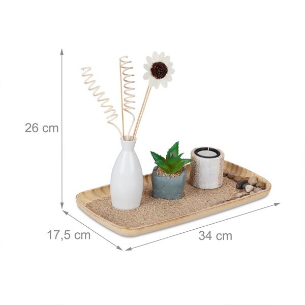 Zen Garten Entspannungsset - Dekotablett mit Teelichthalter, Duftstäbchen & Kunstpflanze - Keramik, Holz, Sand - 26x34x17,5cm