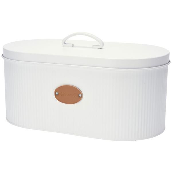 Brotkasten aus Metall - Optimal für frisches Brot, Gebäck & Backwaren - Weiss, mit Deckel & Kunstleder-Schild "Bread" - 33x18x15 cm - Langlebig