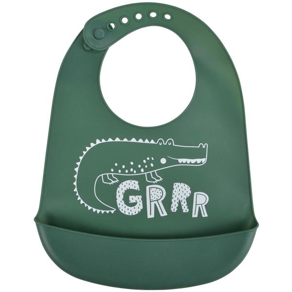 Silicone baby bib with collection tray, green, crocodile