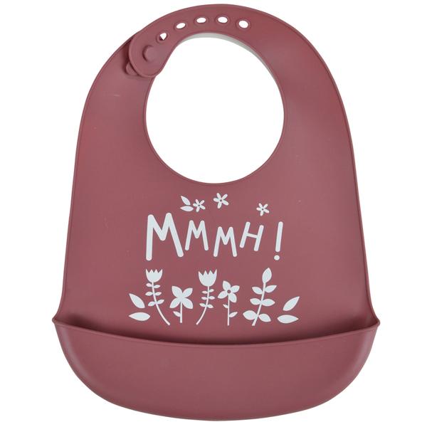 Silicone baby bib with collection tray, red, flowers