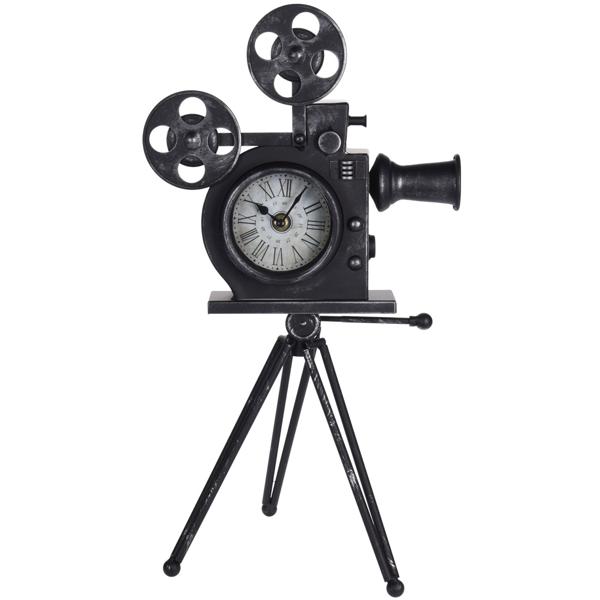 Film camera grandfather clock retro design – decorative clock for movie fans & cinephiles – metal housing-glass movement – black – H 53 cm