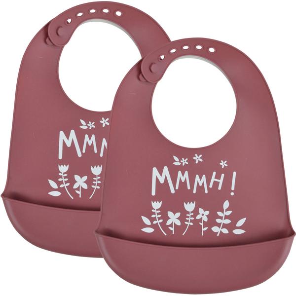 set of 2 silicone baby bibs with collection tray, red, flowers