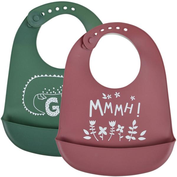 set of 2 silicone baby bibs with drip tray, green/red, crocodile/flowers